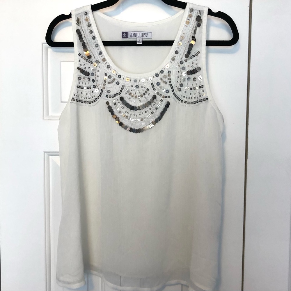 Sequined Sleeveless Top Size M Light Ivory Sequined Beaded Jennifer Lopez